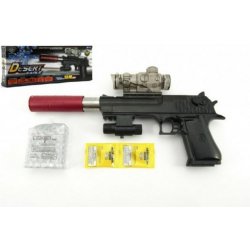 Teddies pistole plast/kov 33 cm na vodní kuličky náboje na baterie se světlem v krabici 34x13x4 cm
